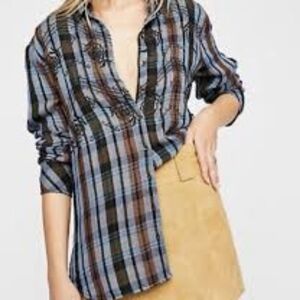 Free People Blue Magical Plaid button Embroider Western Boho Medium 100% cotton